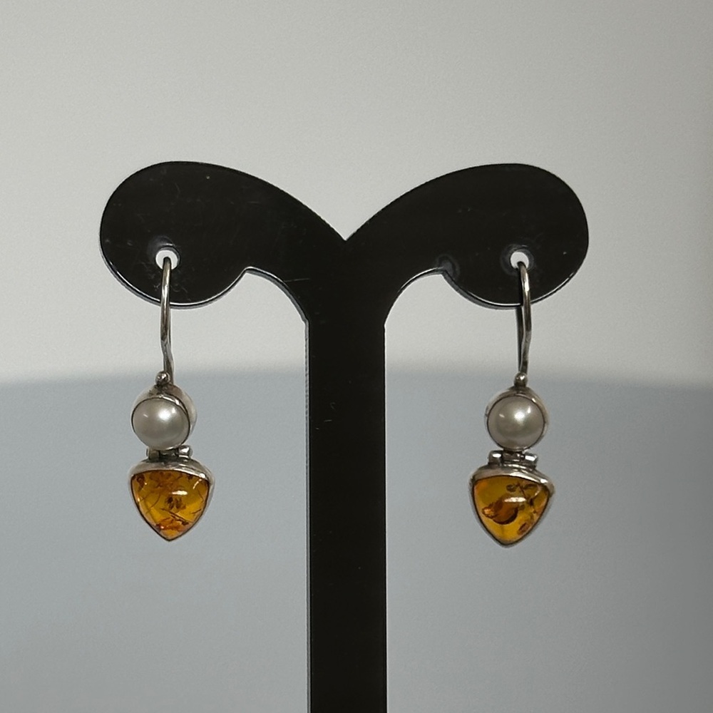 Elegant 925 Sterling Silver Pearls Amber Dangle Earrings